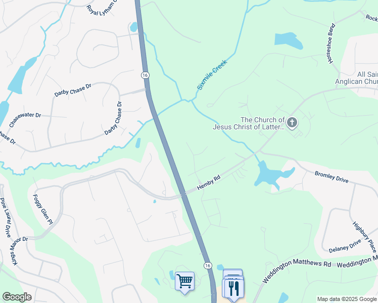 map of restaurants, bars, coffee shops, grocery stores, and more near 3005 Providence Forest Drive in Weddington