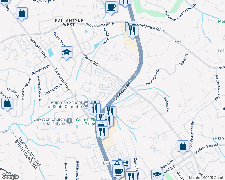 map of restaurants, bars, coffee shops, grocery stores, and more near 15670 King Louis Court in Charlotte