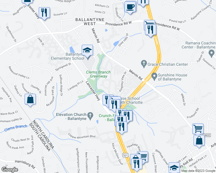 map of restaurants, bars, coffee shops, grocery stores, and more near 12011 Royal Castle Court in Charlotte