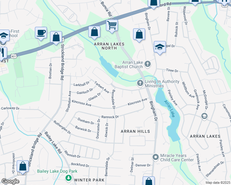 map of restaurants, bars, coffee shops, grocery stores, and more near 1431 Berriedale Drive in Fayetteville
