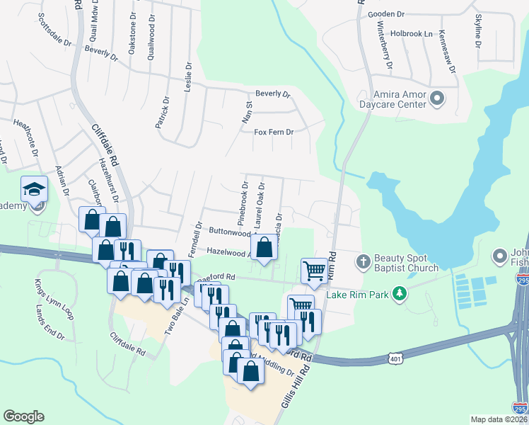 map of restaurants, bars, coffee shops, grocery stores, and more near 1533 Laurel Oak Drive in Fayetteville
