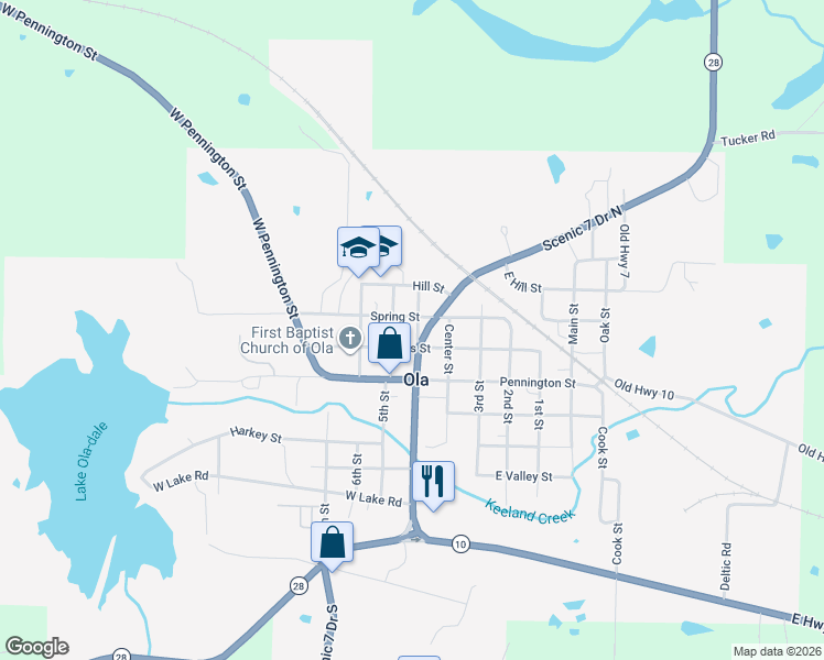 map of restaurants, bars, coffee shops, grocery stores, and more near 208 North 4th Street in Ola