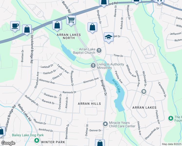 map of restaurants, bars, coffee shops, grocery stores, and more near 6204 Rannock Drive in Fayetteville