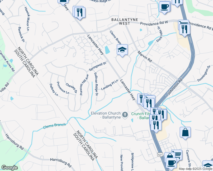 map of restaurants, bars, coffee shops, grocery stores, and more near 12102 Landing Place Lane in Charlotte