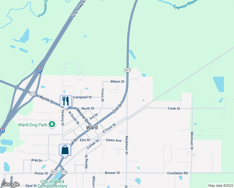 map of restaurants, bars, coffee shops, grocery stores, and more near 54 Meadow Circle in Ward