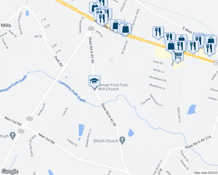 map of restaurants, bars, coffee shops, grocery stores, and more near 535 Franklin Asberry Lane in Inman