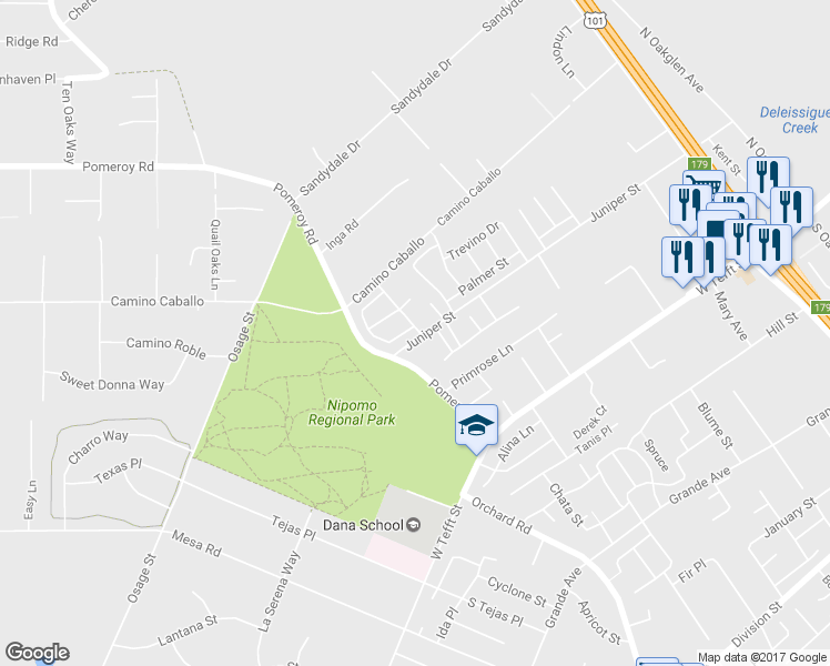 map of restaurants, bars, coffee shops, grocery stores, and more near 181 Alyssum Circle in Nipomo