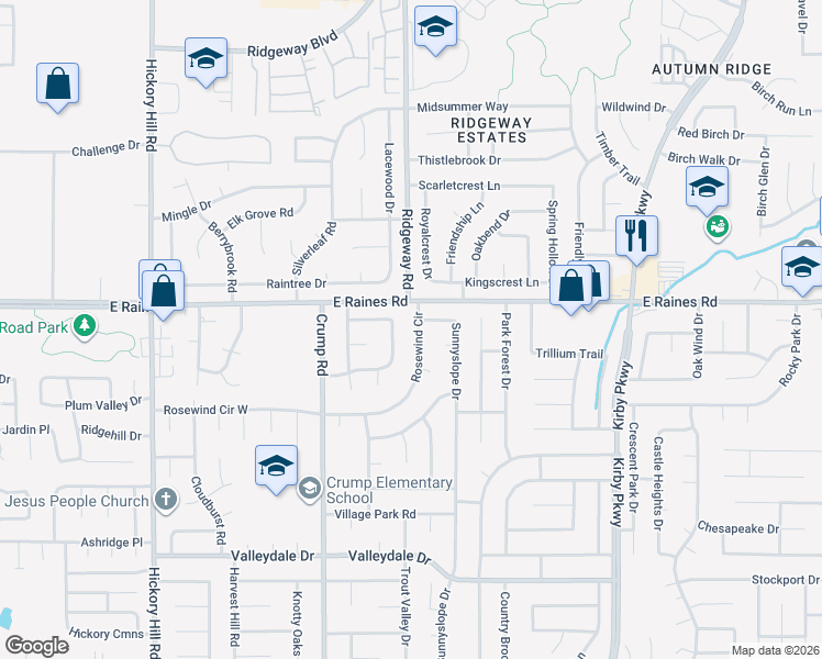 map of restaurants, bars, coffee shops, grocery stores, and more near 4183 Rosewind Circle in Memphis