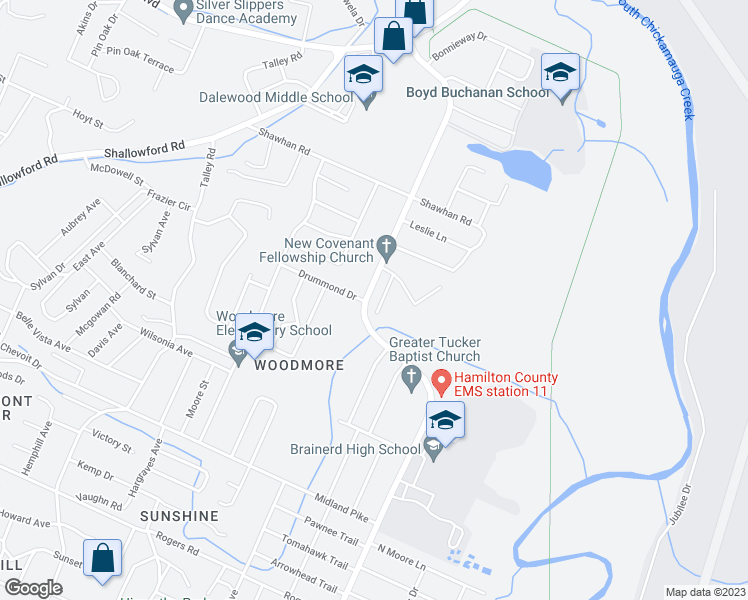 map of restaurants, bars, coffee shops, grocery stores, and more near 1602 Eucalyptus Drive in Chattanooga
