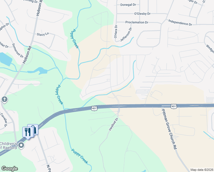 map of restaurants, bars, coffee shops, grocery stores, and more near 337 Stonebriar Avenue in Raeford