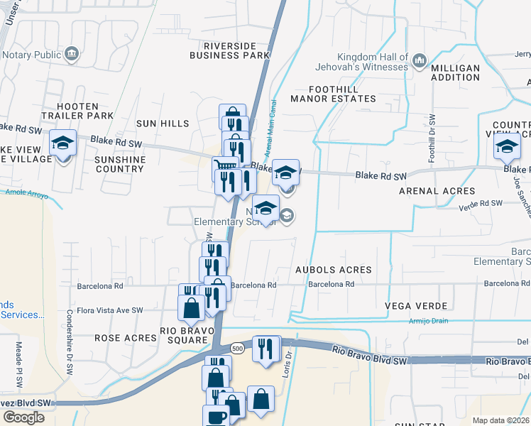 map of restaurants, bars, coffee shops, grocery stores, and more near 3426 Blake Road Southwest in Albuquerque