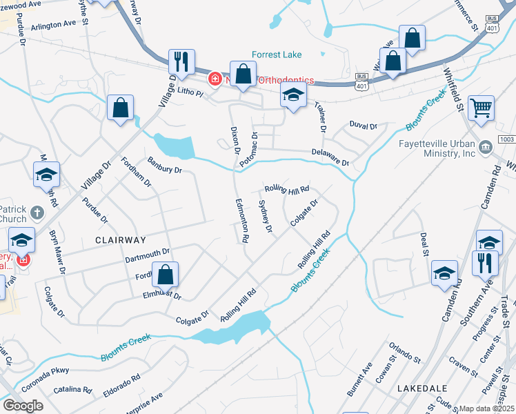 map of restaurants, bars, coffee shops, grocery stores, and more near 2608 Sydney Drive in Fayetteville