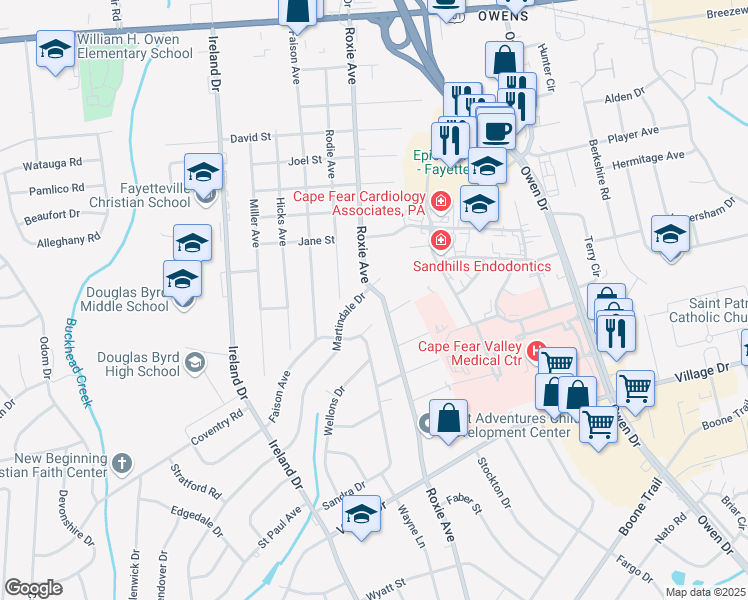 map of restaurants, bars, coffee shops, grocery stores, and more near 1502 Roxie Avenue in Fayetteville