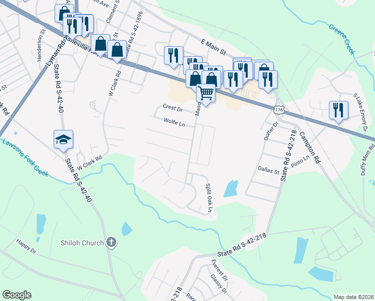 map of restaurants, bars, coffee shops, grocery stores, and more near 404 Mason Road in Inman