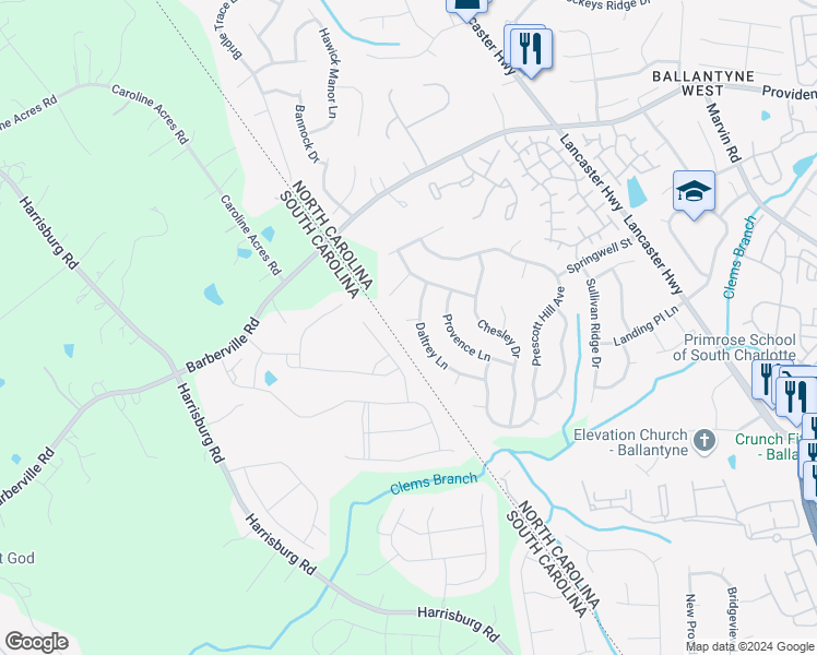 map of restaurants, bars, coffee shops, grocery stores, and more near 16110 Cloverleaf Court in Charlotte