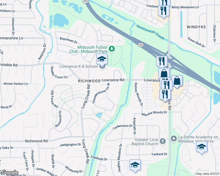 map of restaurants, bars, coffee shops, grocery stores, and more near 4195 Thunderstone Circle South in Memphis