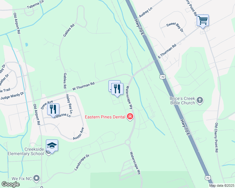 map of restaurants, bars, coffee shops, grocery stores, and more near 2032 Waterscape Way in New Bern