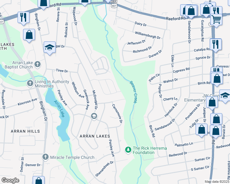 map of restaurants, bars, coffee shops, grocery stores, and more near 1439 Tangora Lane in Fayetteville