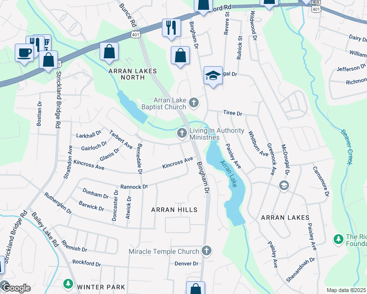 map of restaurants, bars, coffee shops, grocery stores, and more near 6204 Rannock Drive in Fayetteville