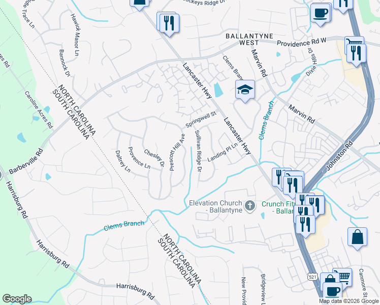 map of restaurants, bars, coffee shops, grocery stores, and more near 15628 Sullivan Ridge Drive in Charlotte