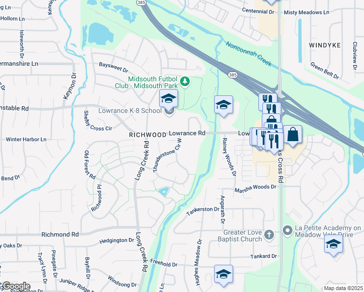 map of restaurants, bars, coffee shops, grocery stores, and more near 4195 Thunderstone Circle South in Memphis