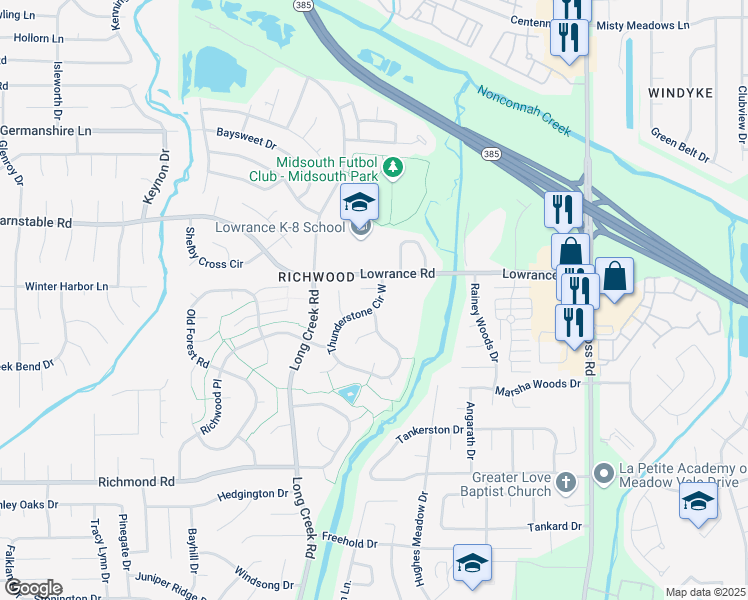 map of restaurants, bars, coffee shops, grocery stores, and more near 4195 Thunderstone Circle South in Memphis