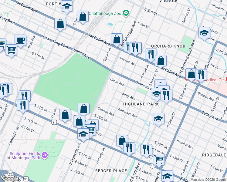 map of restaurants, bars, coffee shops, grocery stores, and more near 795 South Greenwood Avenue in Chattanooga