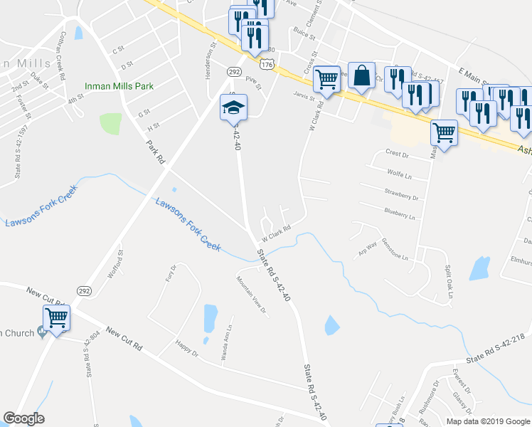 map of restaurants, bars, coffee shops, grocery stores, and more near 1002 David Duvall Court in Inman