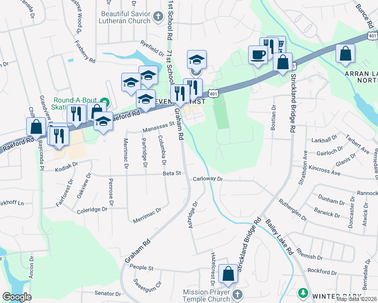map of restaurants, bars, coffee shops, grocery stores, and more near 1963 Graham Road in Fayetteville