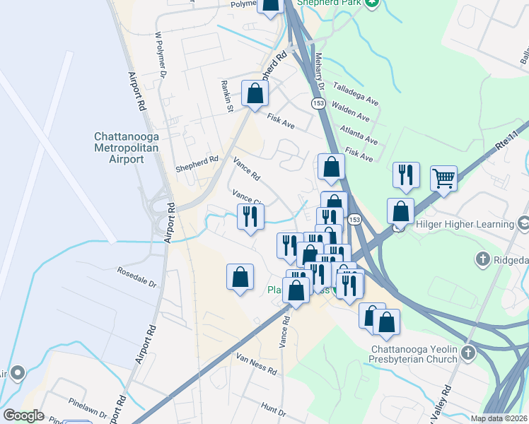 map of restaurants, bars, coffee shops, grocery stores, and more near 6136 Vance Circle in Chattanooga