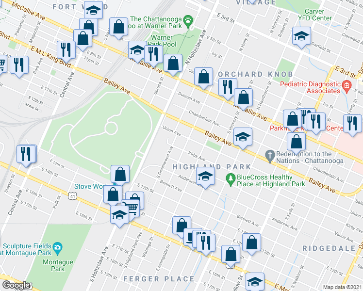 map of restaurants, bars, coffee shops, grocery stores, and more near 709 South Highland Park Avenue in Chattanooga