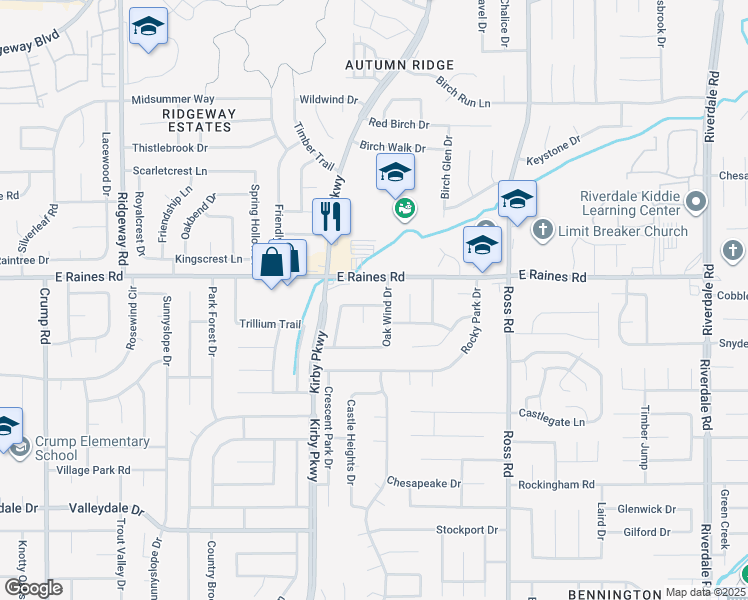 map of restaurants, bars, coffee shops, grocery stores, and more near 6528 Falling Mist Lane in Memphis