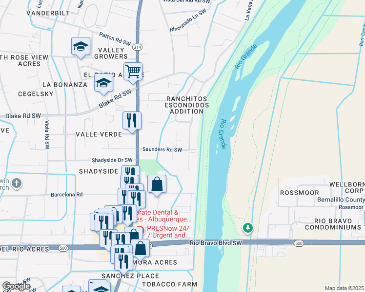 map of restaurants, bars, coffee shops, grocery stores, and more near 1427 Saunders Road Southwest in Albuquerque