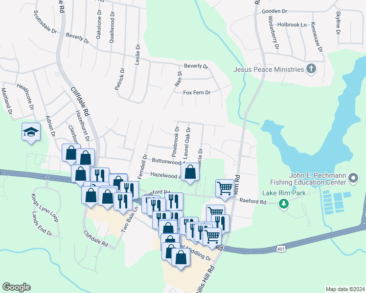 map of restaurants, bars, coffee shops, grocery stores, and more near 1532 Laurel Oak Drive in Fayetteville