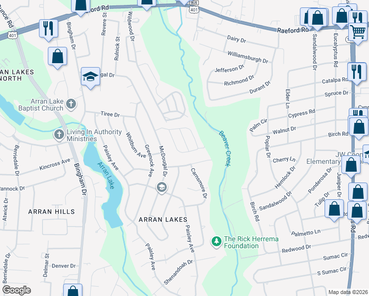 map of restaurants, bars, coffee shops, grocery stores, and more near 1439 Tangora Lane in Fayetteville