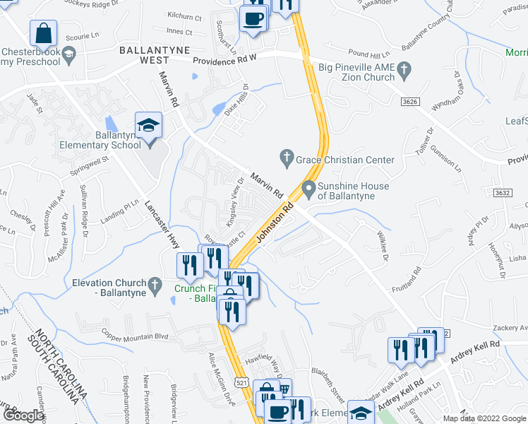 map of restaurants, bars, coffee shops, grocery stores, and more near 15820 Castle Watch Avenue in Charlotte