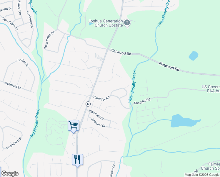 map of restaurants, bars, coffee shops, grocery stores, and more near 105 Sunnydale Circle in Spartanburg