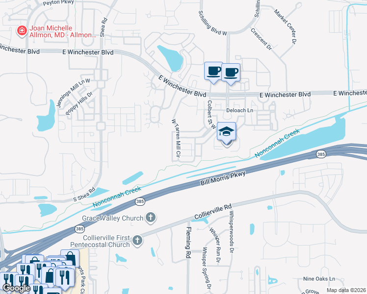 map of restaurants, bars, coffee shops, grocery stores, and more near 436 West Tarren Mill Circle in Collierville