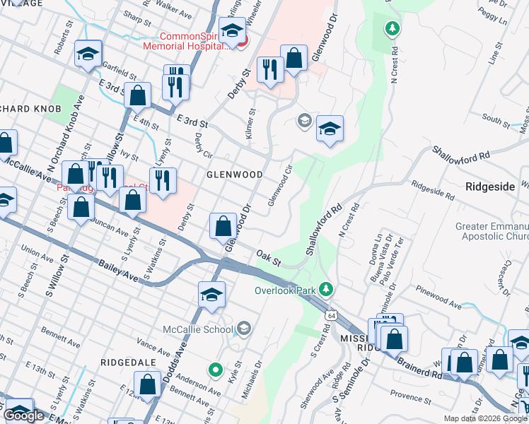 map of restaurants, bars, coffee shops, grocery stores, and more near 2607 Ivy Street in Chattanooga