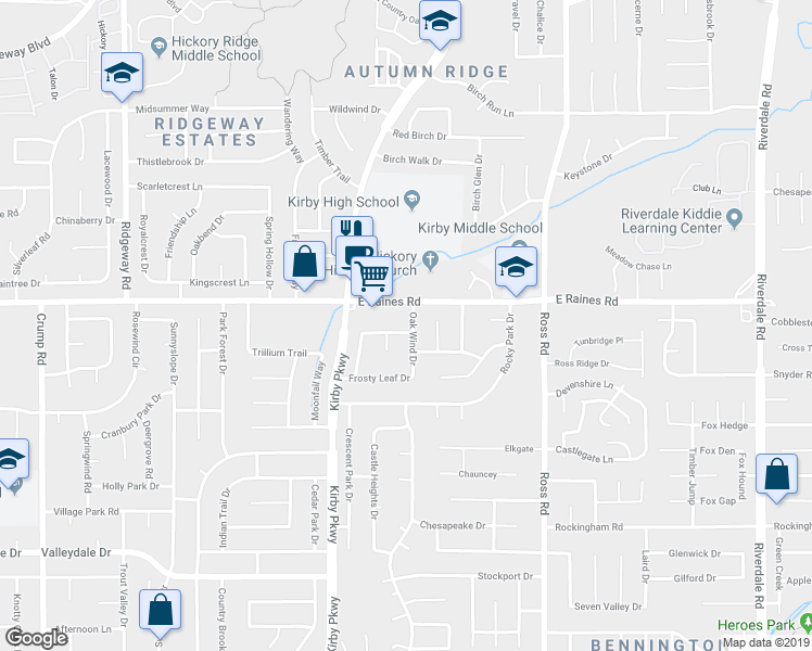 map of restaurants, bars, coffee shops, grocery stores, and more near 6536 Falling Mist Lane in Memphis