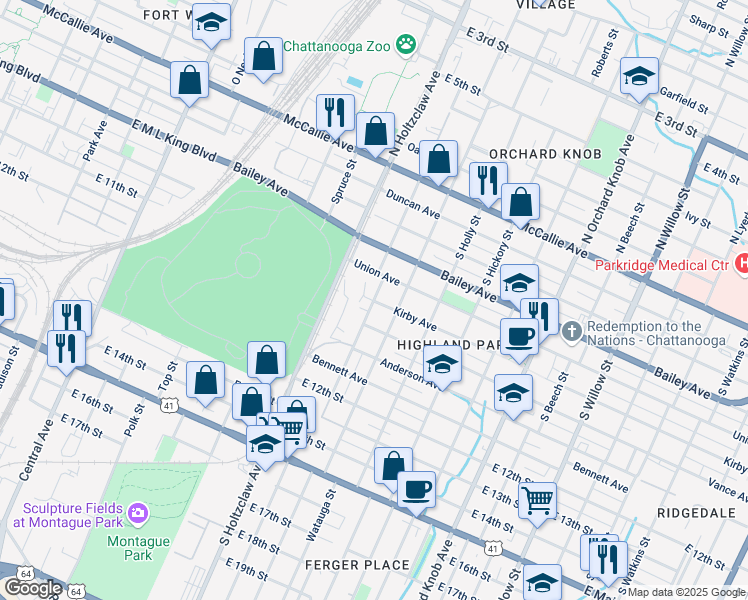 map of restaurants, bars, coffee shops, grocery stores, and more near 795 South Greenwood Avenue in Chattanooga