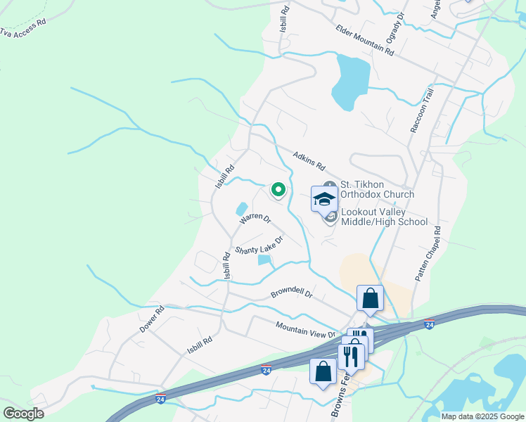 map of restaurants, bars, coffee shops, grocery stores, and more near 345 Warren Drive in Chattanooga
