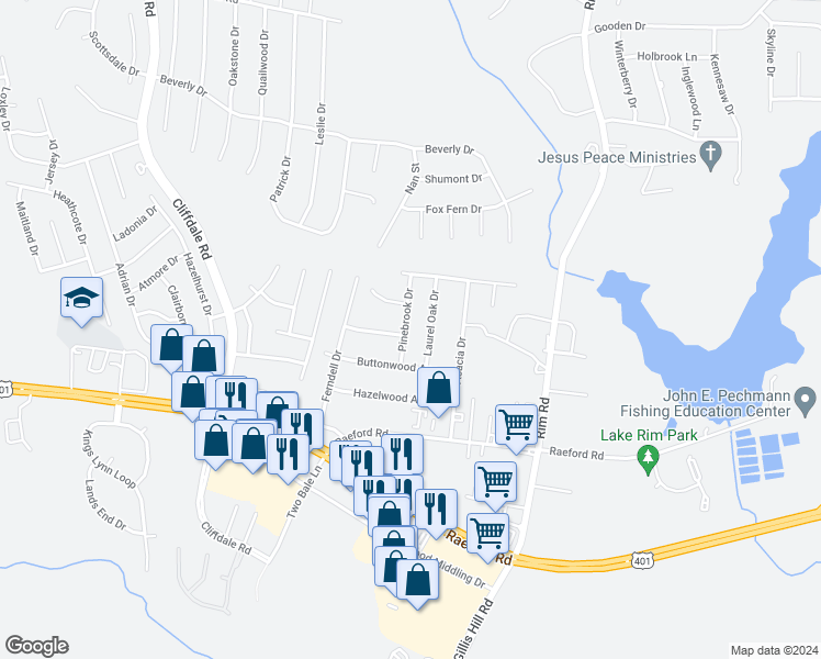 map of restaurants, bars, coffee shops, grocery stores, and more near 1535 Pinebrook Drive in Fayetteville