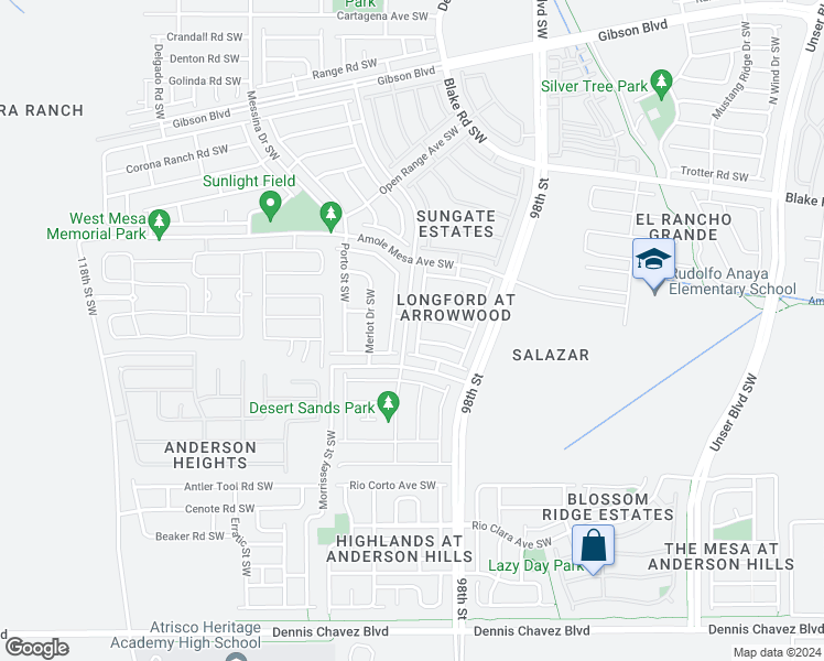 map of restaurants, bars, coffee shops, grocery stores, and more near 2837 Cabernet Street Southwest in Albuquerque