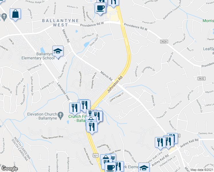 map of restaurants, bars, coffee shops, grocery stores, and more near 15820 Castle Watch Avenue in Charlotte