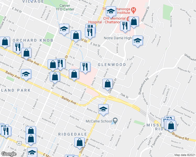 map of restaurants, bars, coffee shops, grocery stores, and more near 2412 Vine Street in Chattanooga