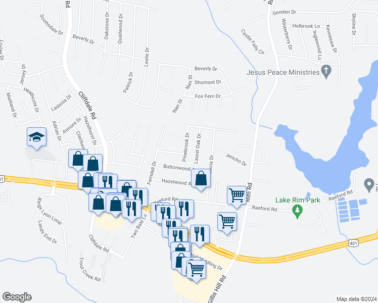map of restaurants, bars, coffee shops, grocery stores, and more near 1535 Pinebrook Drive in Fayetteville