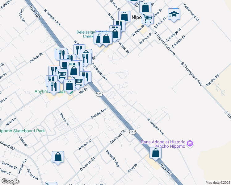 map of restaurants, bars, coffee shops, grocery stores, and more near 23 South Oakglen Avenue in Nipomo