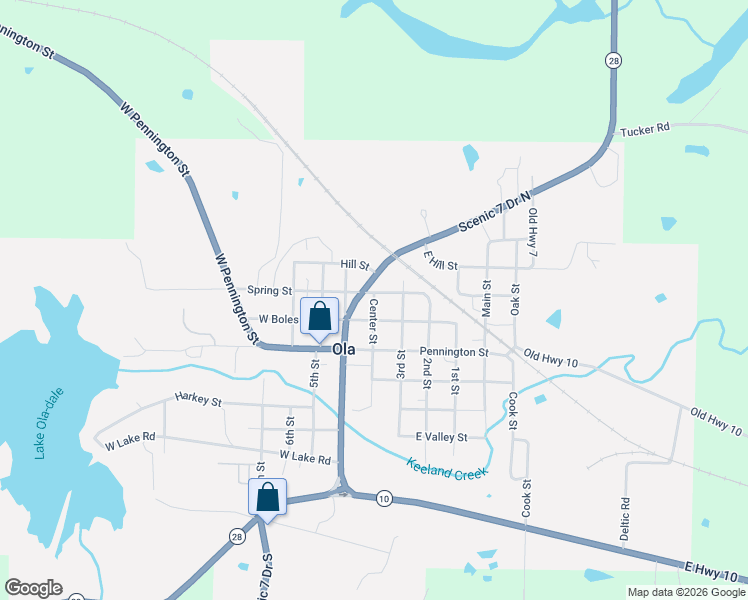 map of restaurants, bars, coffee shops, grocery stores, and more near 207 North Center Street in Ola