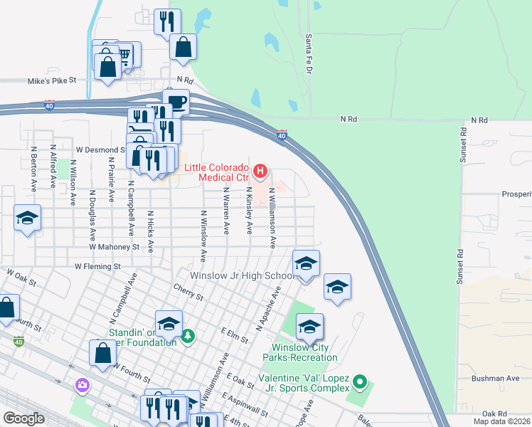 map of restaurants, bars, coffee shops, grocery stores, and more near 112 East Gilmore Street in Winslow
